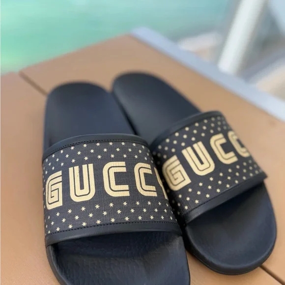 Gucci Black and Gold Star Slide Sandals AUTHENTIC size 38 - Picture 10 of 16